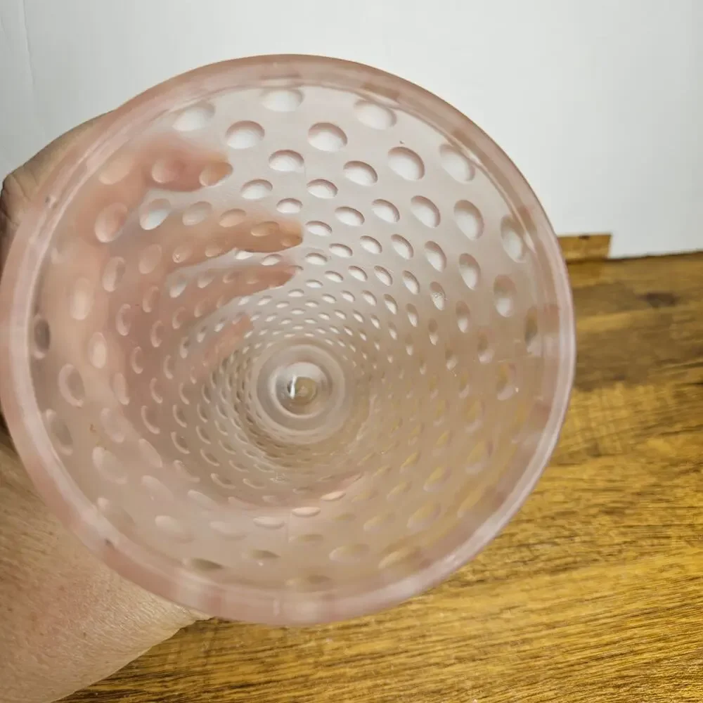 VTG Pink Frosted Hobnail Glass Flower vase 8in